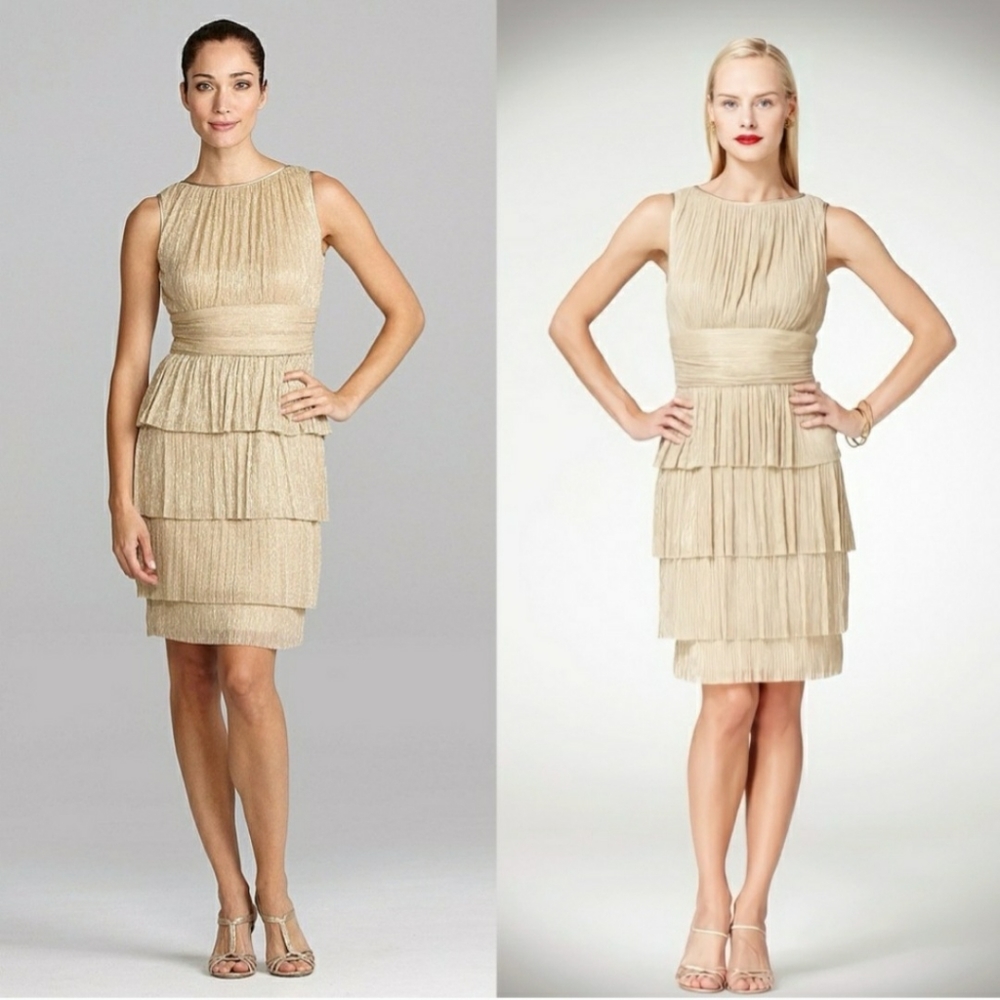 NWT Maggy London Tiered Ruffle Metallic Gold Silk Blend Dress Size 4